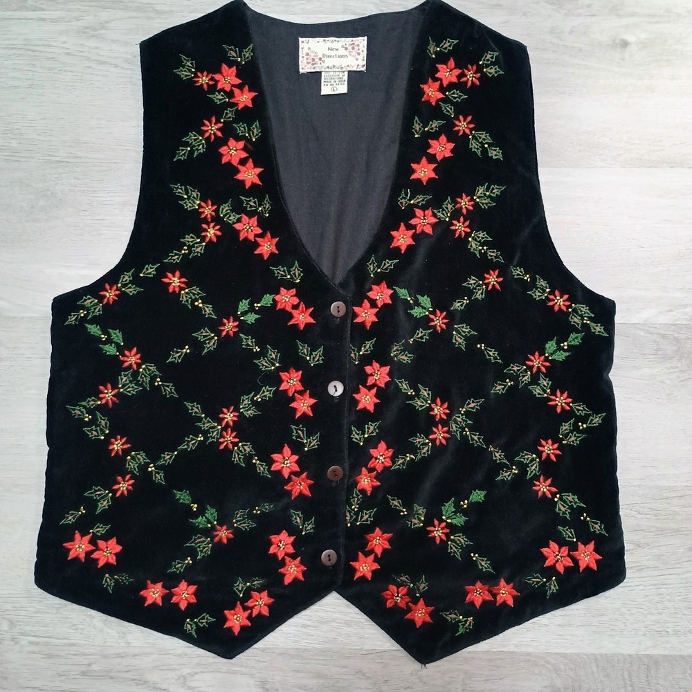 New Directions Black Red Flower Velvet Christmas Holiday Vest Large